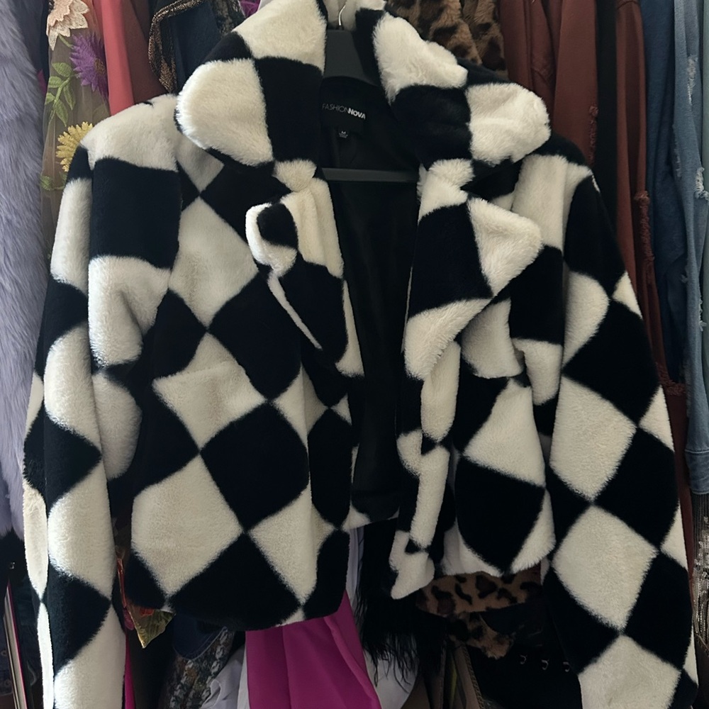 Fashion Nova Black & White Checkerboard Faux Fur Jacket